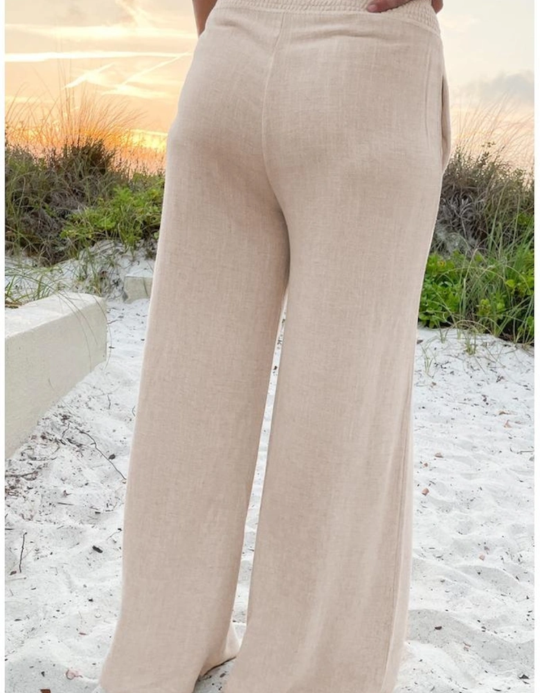 Beige Smocked High Waist Wide Leg Plus Size Pants