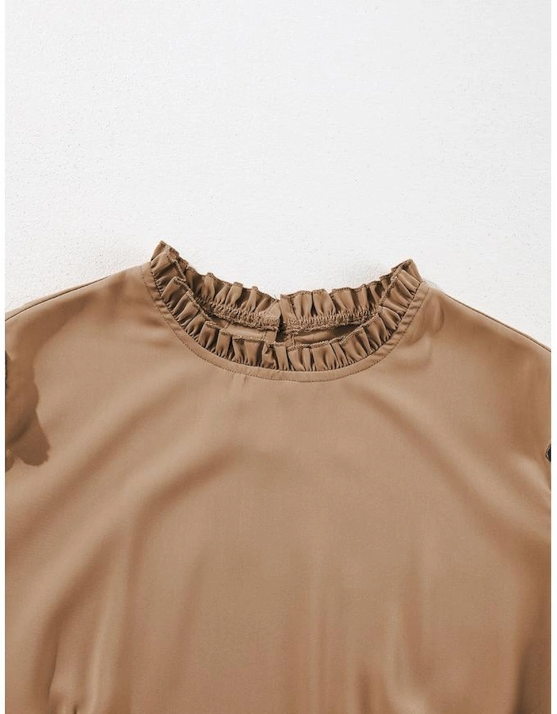 Light French Beige Frilled Collar Ruffled Shoulder Tiered Dress