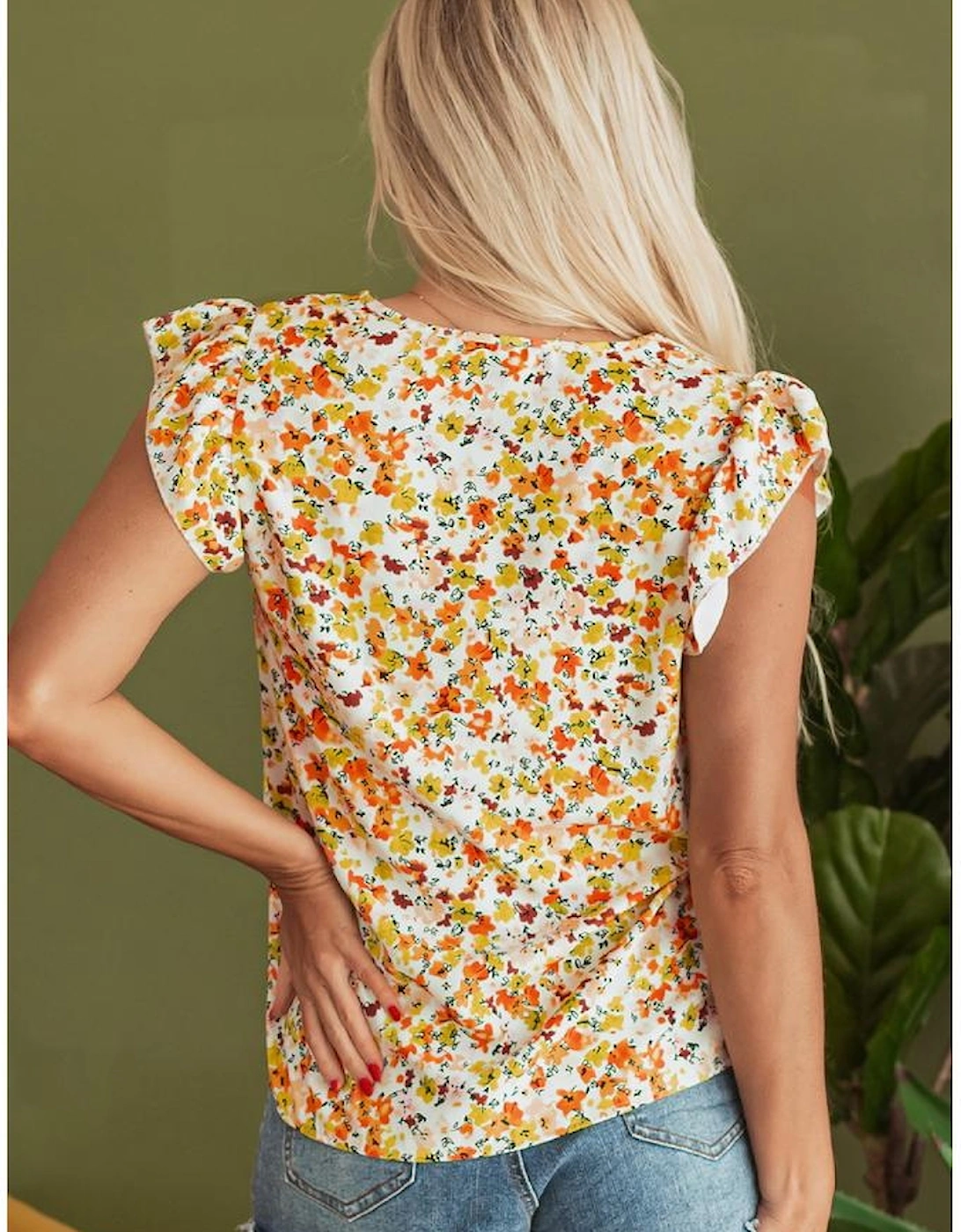 Green Floral Print Ruffled Sleeveless V Neck Tank Top, 16 of 15