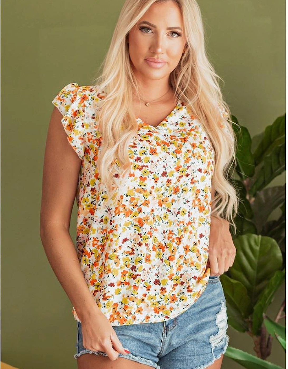 Green Floral Print Ruffled Sleeveless V Neck Tank Top