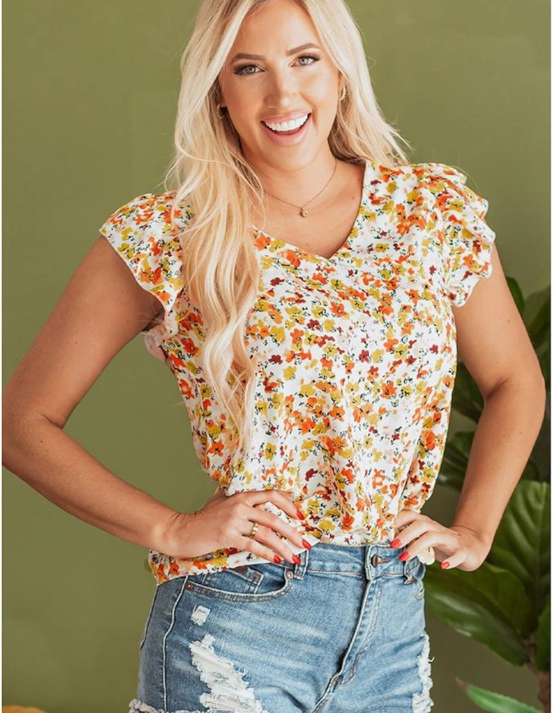 Green Floral Print Ruffled Sleeveless V Neck Tank Top