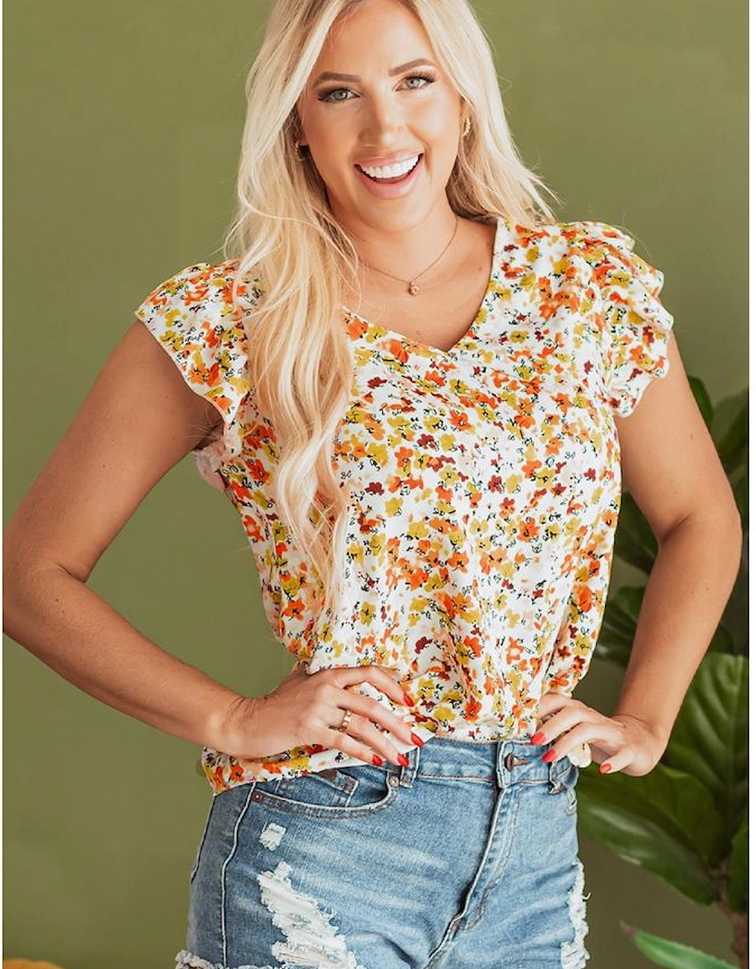 Green Floral Print Ruffled Sleeveless V Neck Tank Top