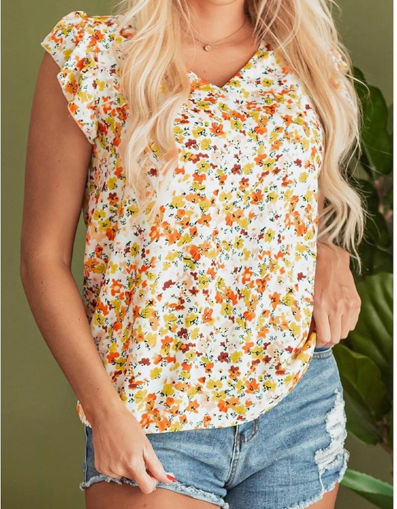 Green Floral Print Ruffled Sleeveless V Neck Tank Top