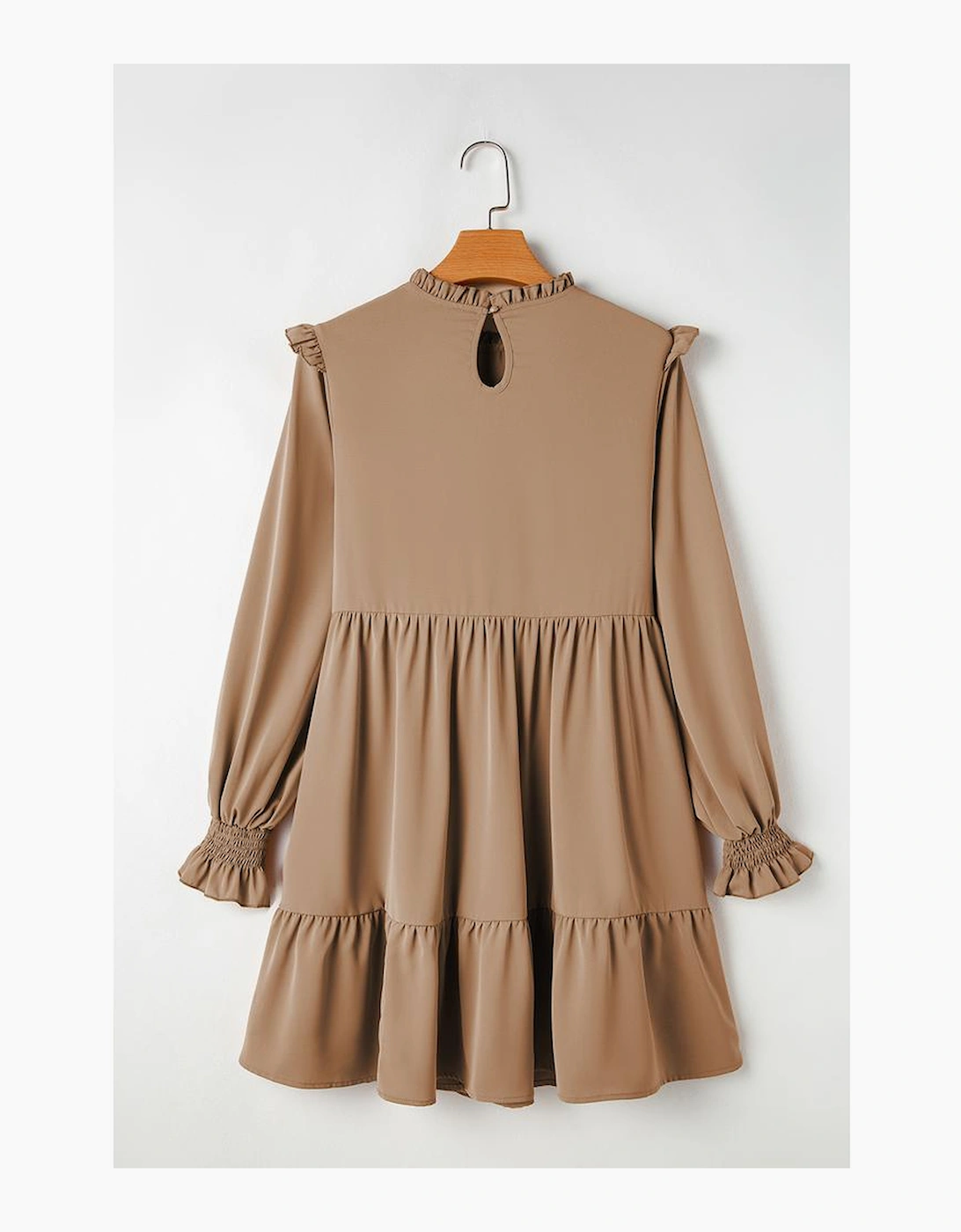 Light French Beige Frilled Collar Ruffled Shoulder Tiered Dress