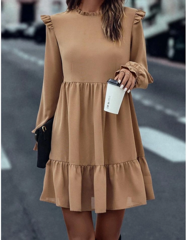 Light French Beige Frilled Collar Ruffled Shoulder Tiered Dress