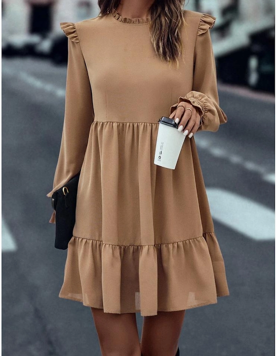 Light French Beige Frilled Collar Ruffled Shoulder Tiered Dress