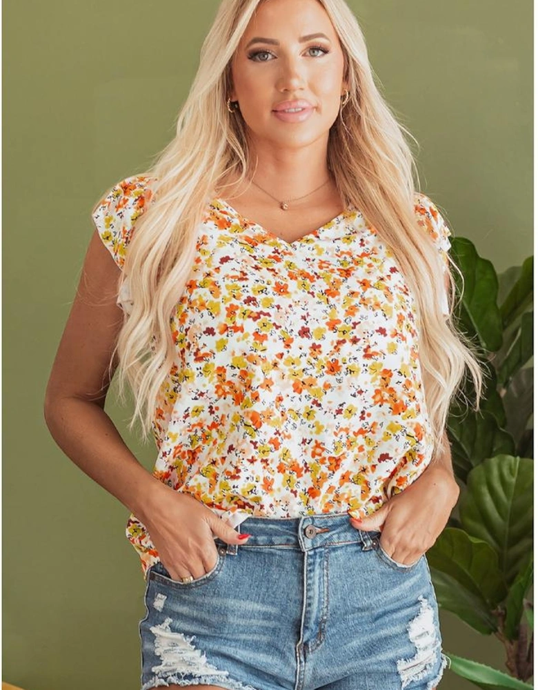 Green Floral Print Ruffled Sleeveless V Neck Tank Top