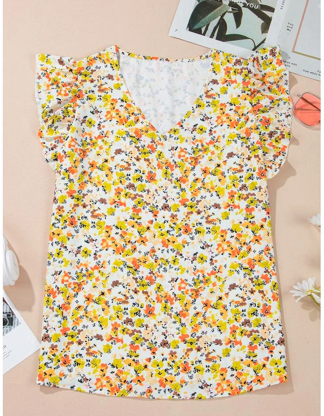 Green Floral Print Ruffled Sleeveless V Neck Tank Top