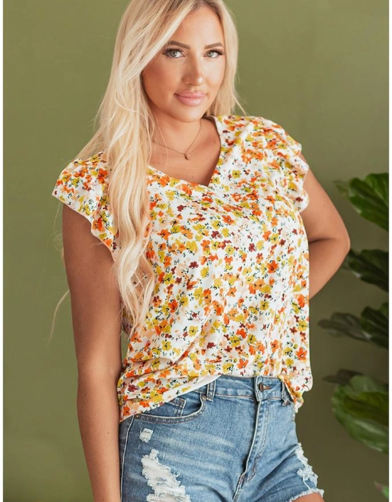 Green Floral Print Ruffled Sleeveless V Neck Tank Top