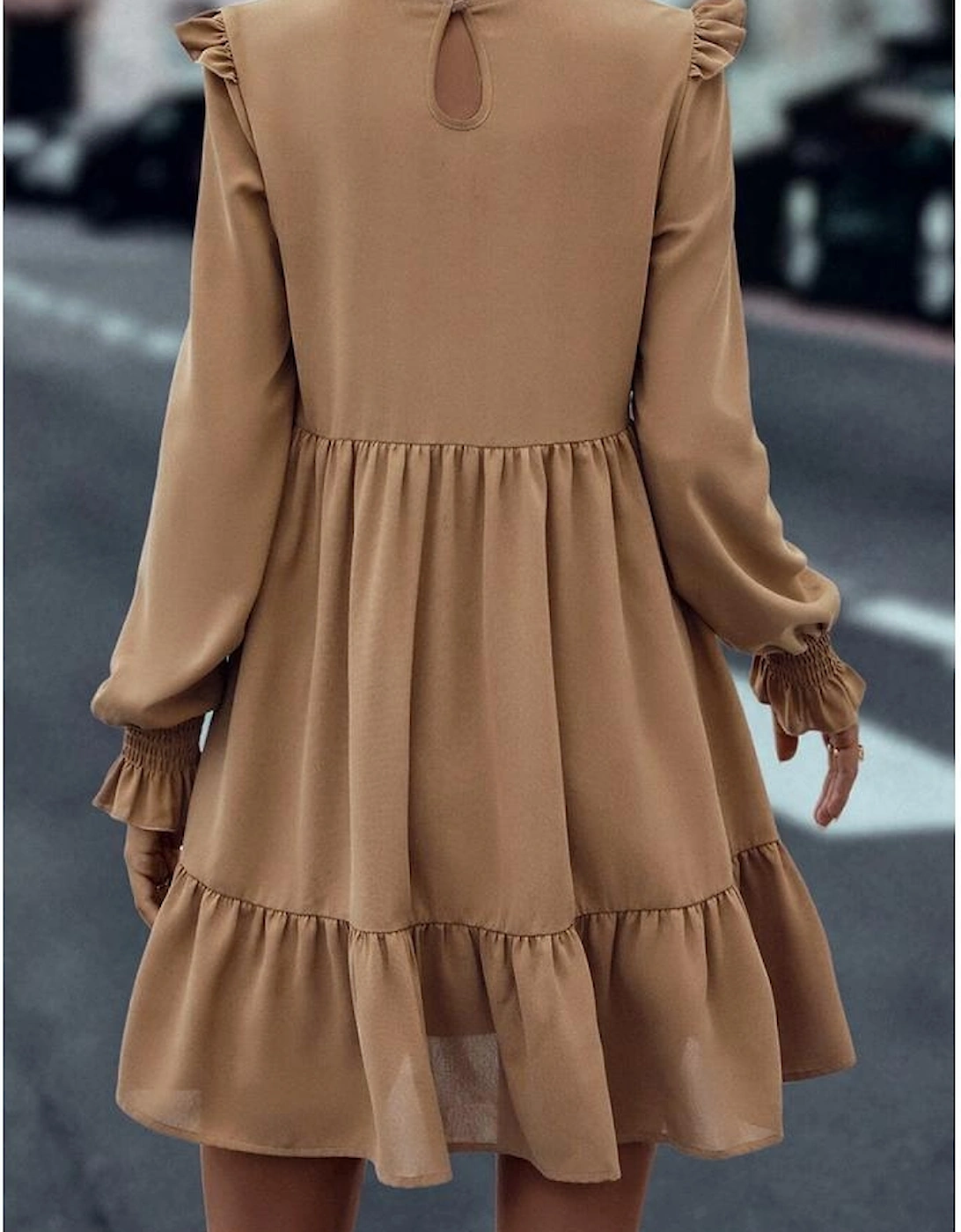 Light French Beige Frilled Collar Ruffled Shoulder Tiered Dress