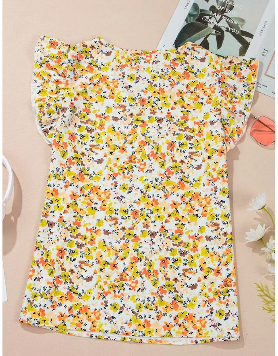 Green Floral Print Ruffled Sleeveless V Neck Tank Top