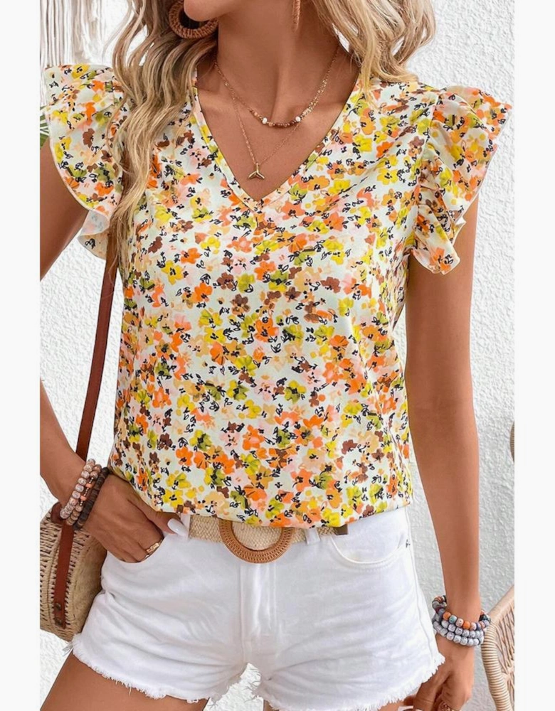 Green Floral Print Ruffled Sleeveless V Neck Tank Top