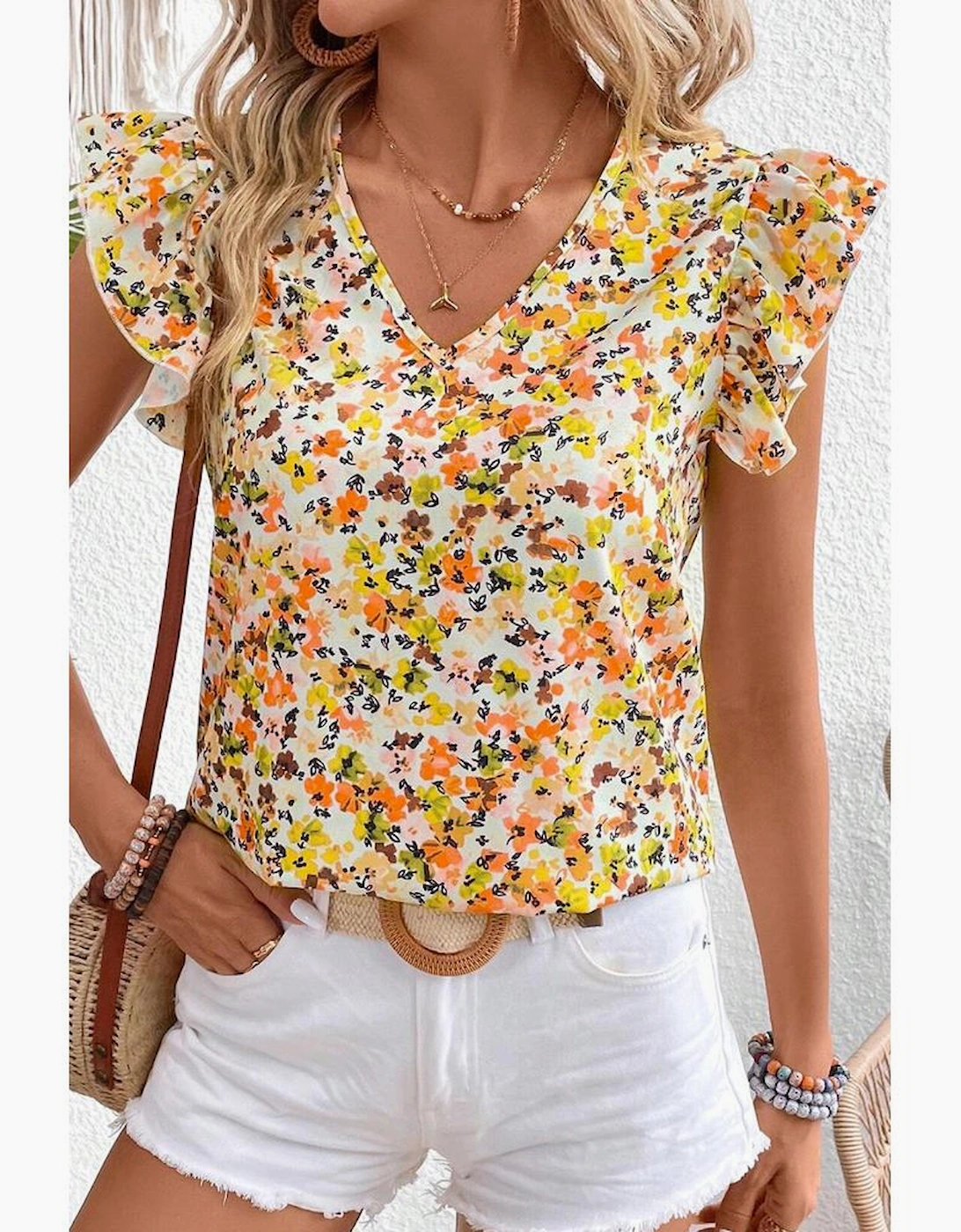 Green Floral Print Ruffled Sleeveless V Neck Tank Top