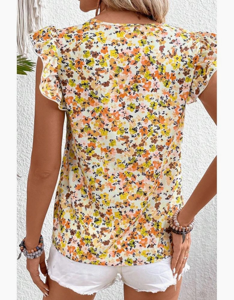 Green Floral Print Ruffled Sleeveless V Neck Tank Top