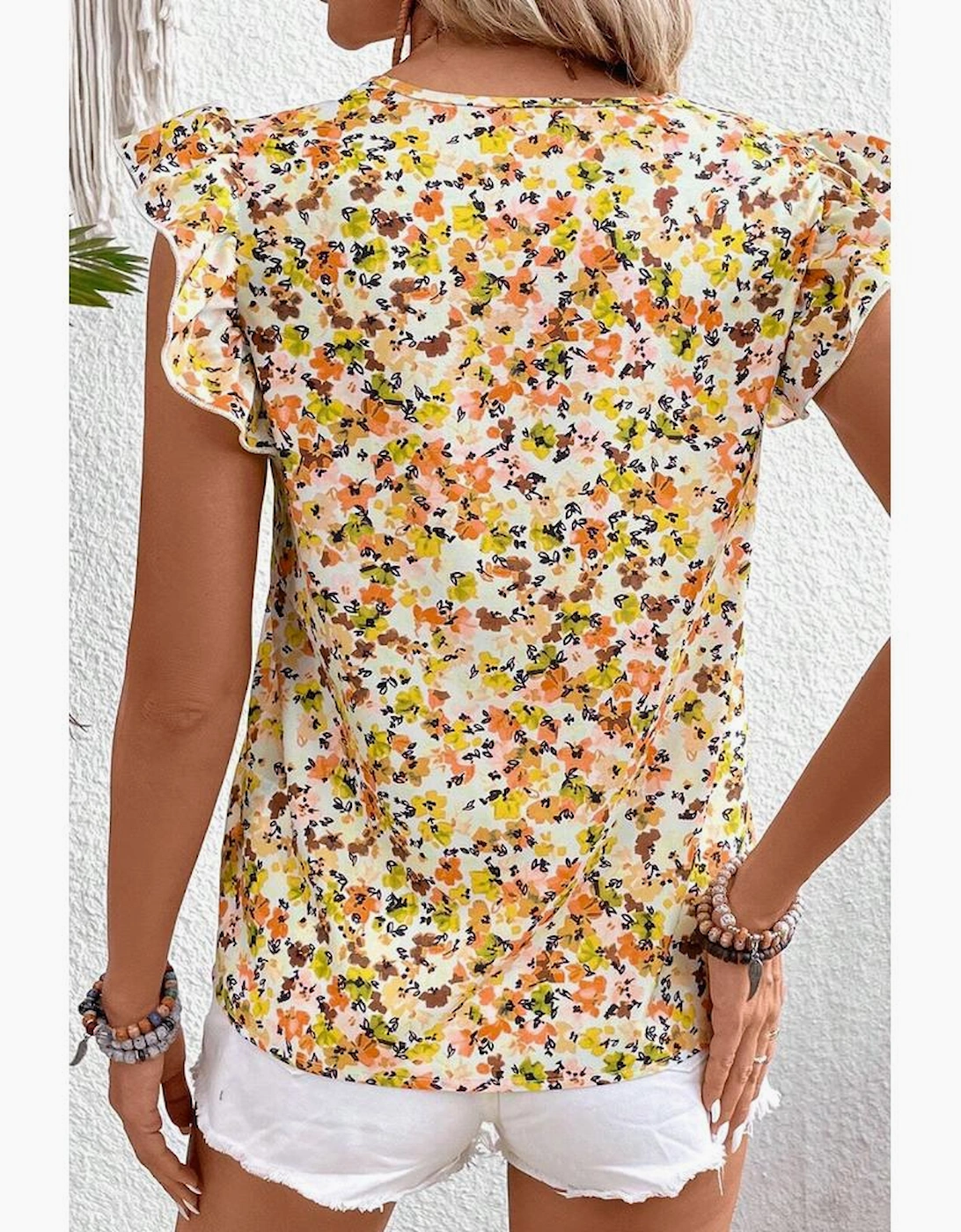 Green Floral Print Ruffled Sleeveless V Neck Tank Top