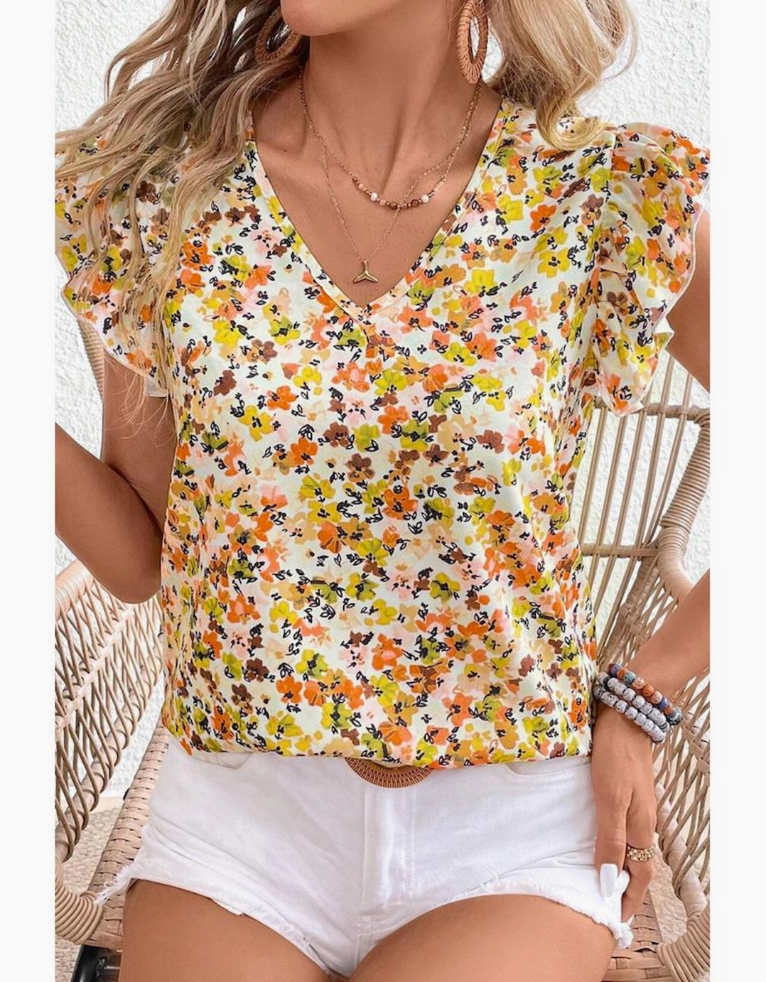 Green Floral Print Ruffled Sleeveless V Neck Tank Top