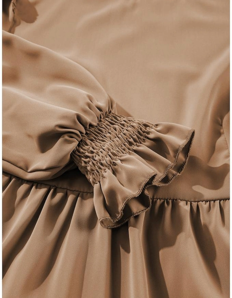 Light French Beige Frilled Collar Ruffled Shoulder Tiered Dress