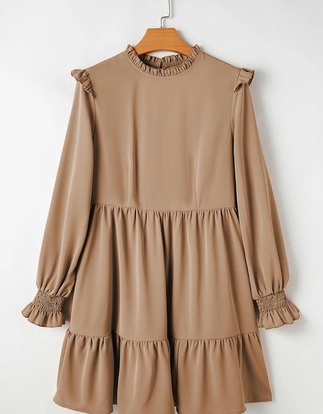 Light French Beige Frilled Collar Ruffled Shoulder Tiered Dress