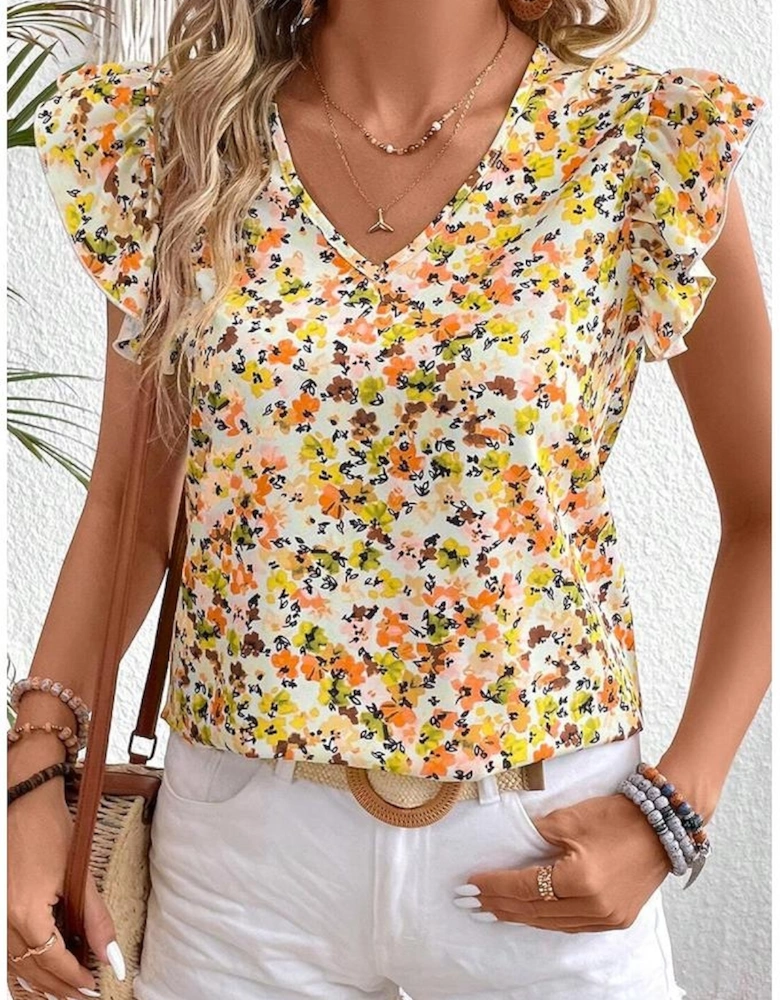 Green Floral Print Ruffled Sleeveless V Neck Tank Top