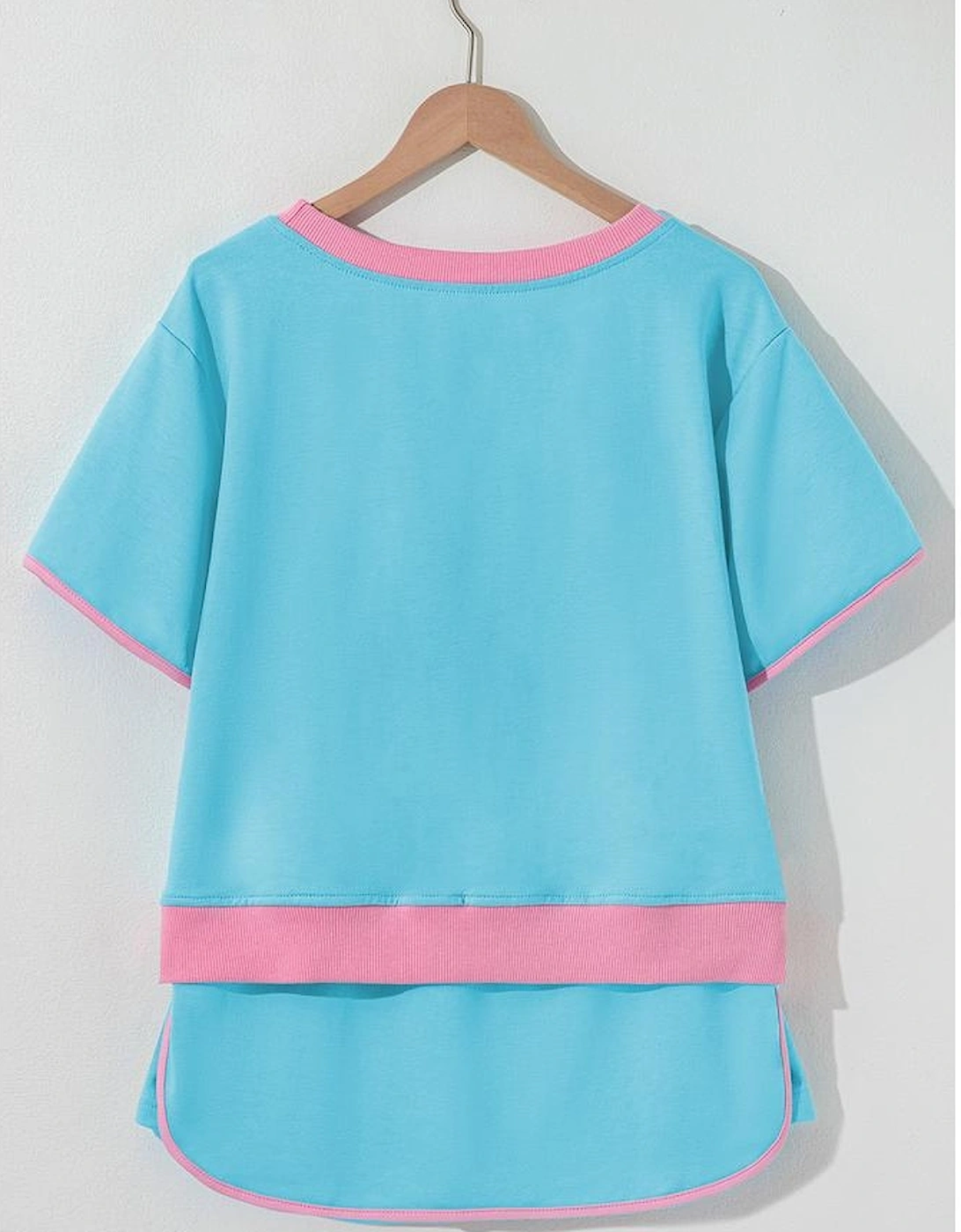 Turquoise Colorblock Edge Drop Shoulder T Shirt and Skirt 2Pcs Set