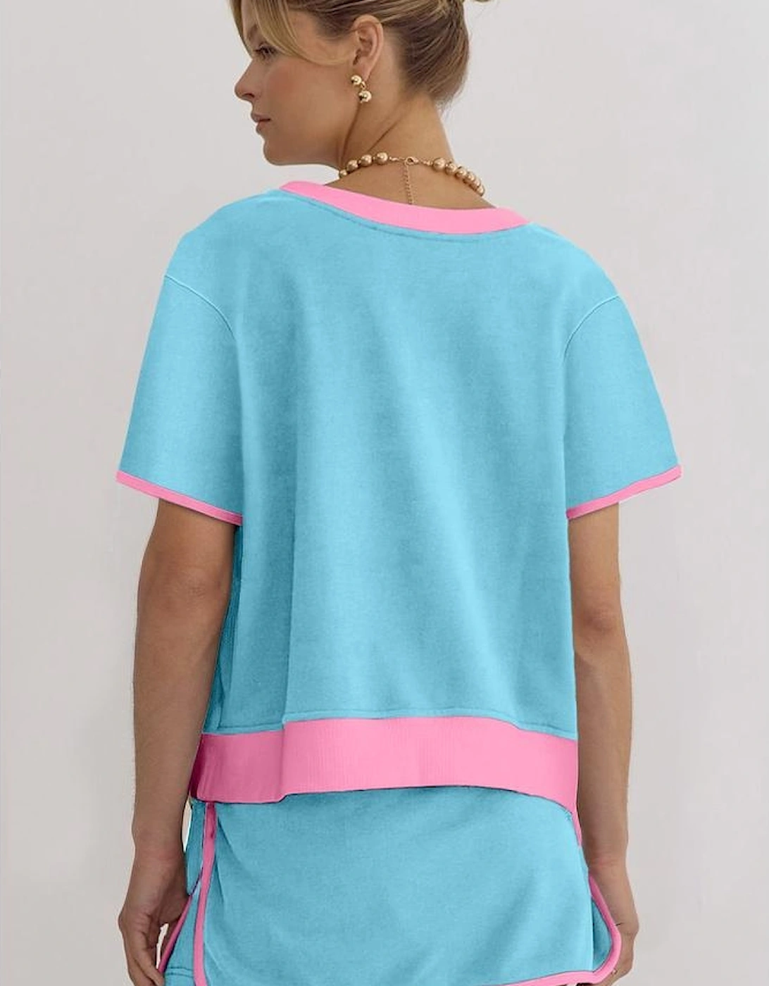 Turquoise Colorblock Edge Drop Shoulder T Shirt and Skirt 2Pcs Set, 15 of 14