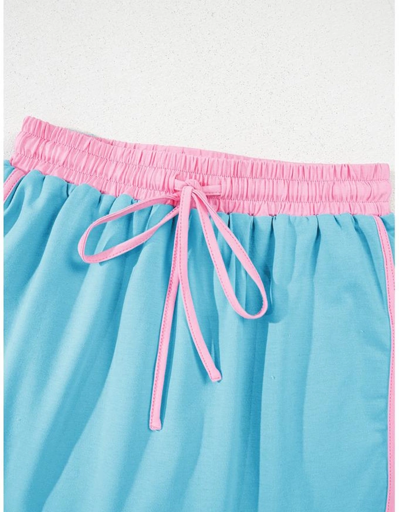 Turquoise Colorblock Edge Drop Shoulder T Shirt and Skirt 2Pcs Set