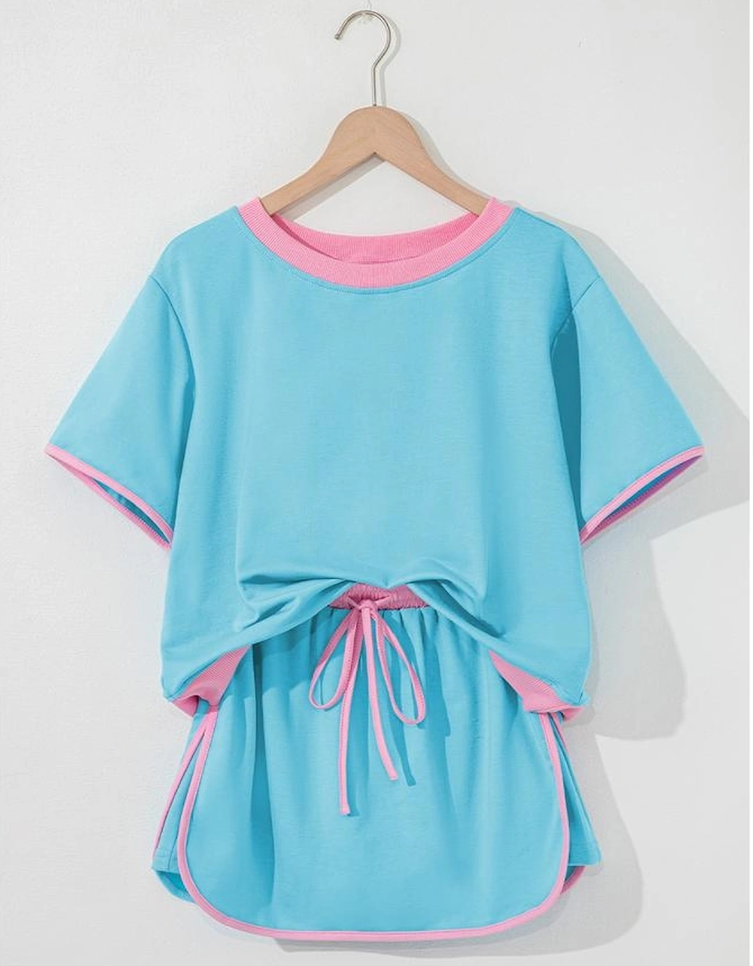 Turquoise Colorblock Edge Drop Shoulder T Shirt and Skirt 2Pcs Set