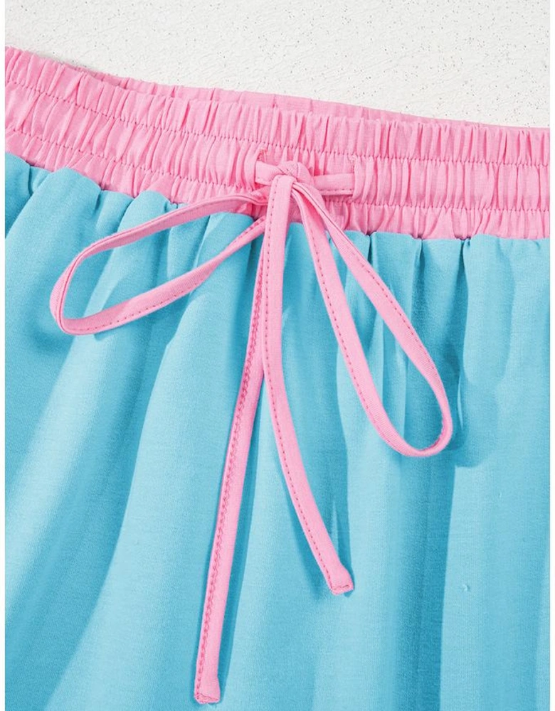 Turquoise Colorblock Edge Drop Shoulder T Shirt and Skirt 2Pcs Set