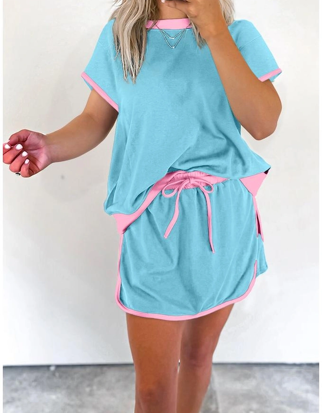 Turquoise Colorblock Edge Drop Shoulder T Shirt and Skirt 2Pcs Set