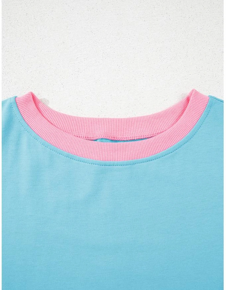 Turquoise Colorblock Edge Drop Shoulder T Shirt and Skirt 2Pcs Set