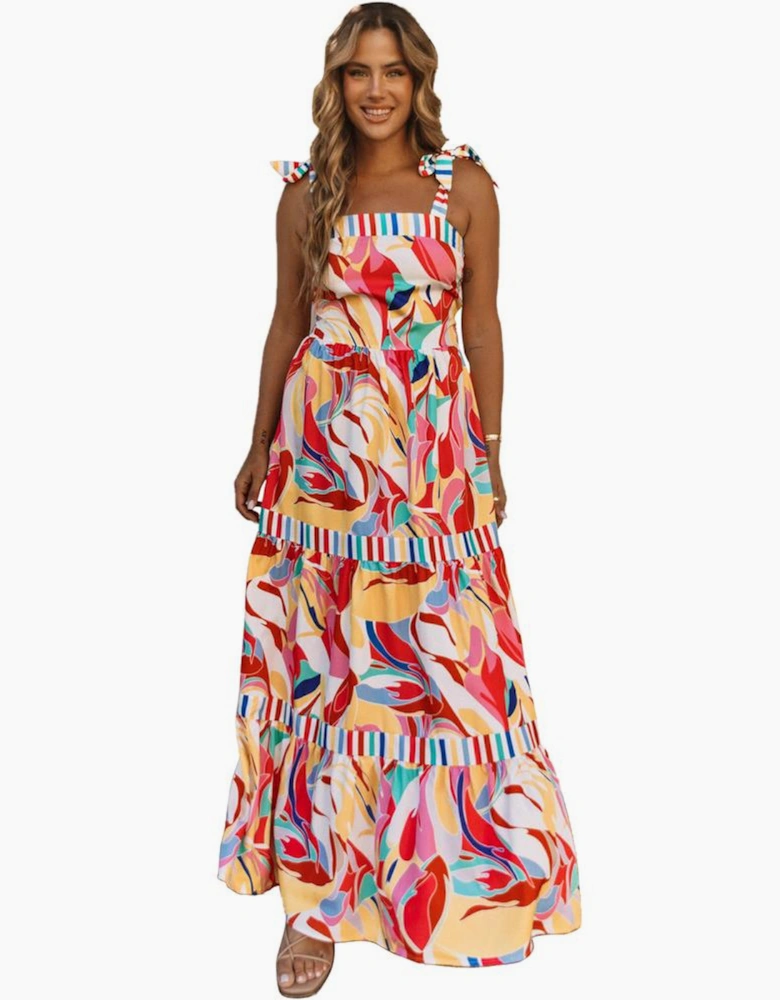 Multicolor Abstract Print Striped Trim Maxi Sundress