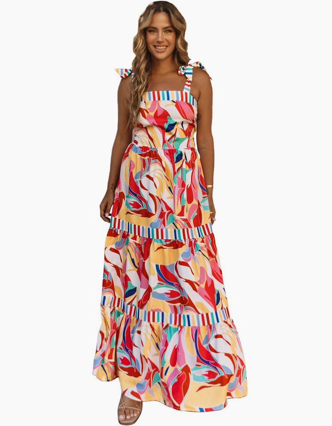 Multicolor Abstract Print Striped Trim Maxi Sundress