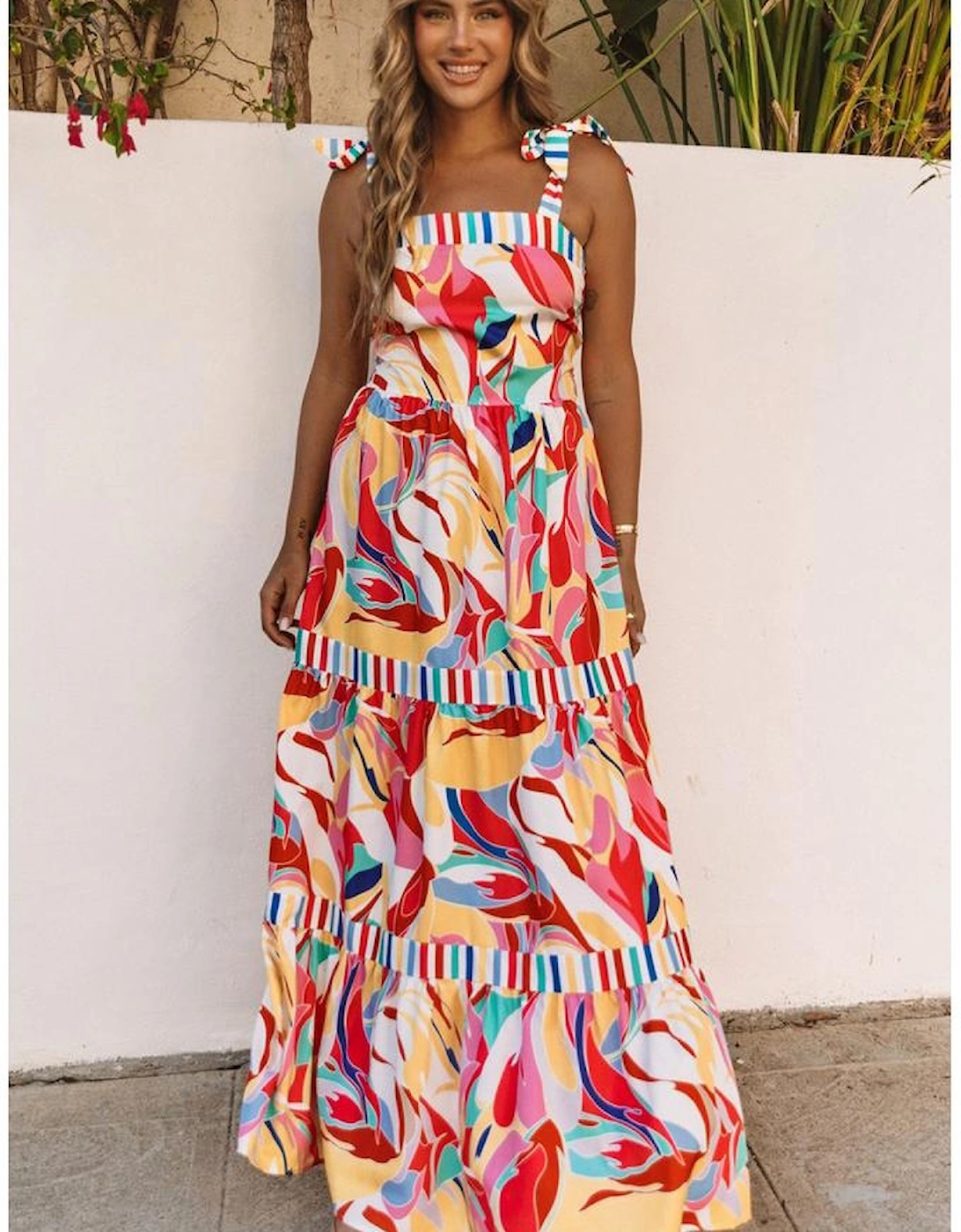 Multicolor Abstract Print Striped Trim Maxi Sundress