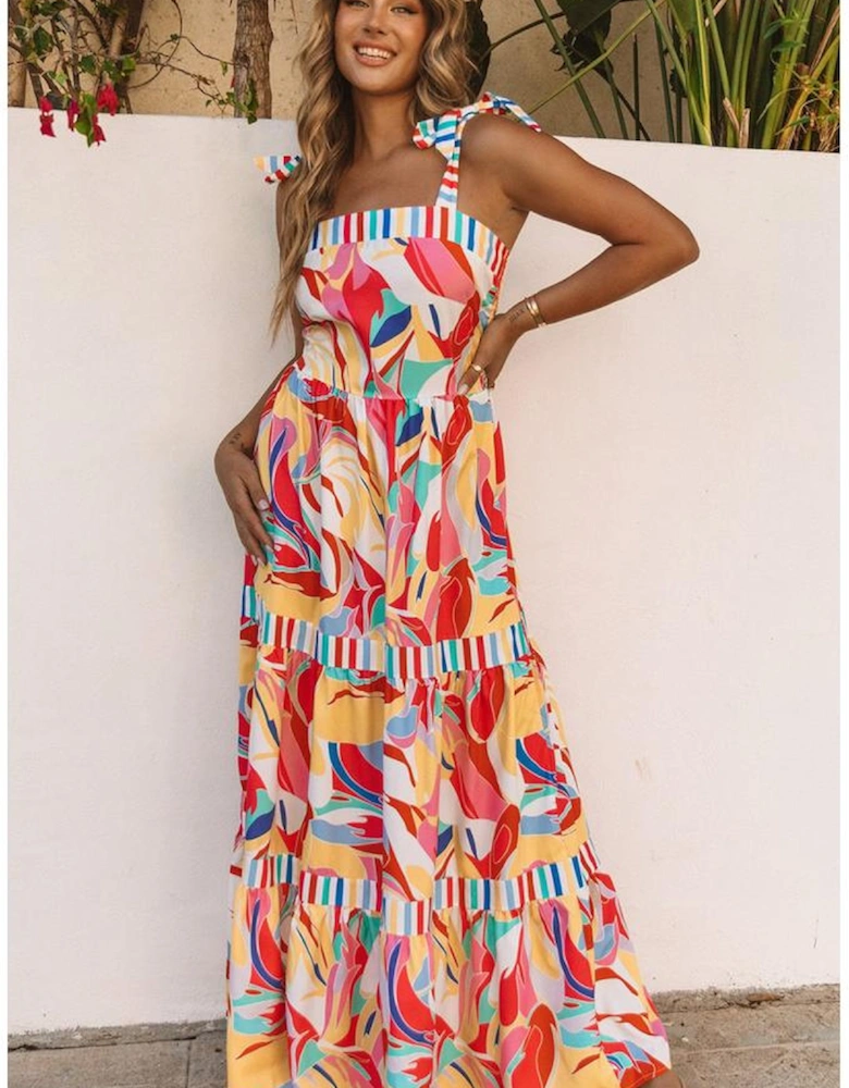 Multicolor Abstract Print Striped Trim Maxi Sundress