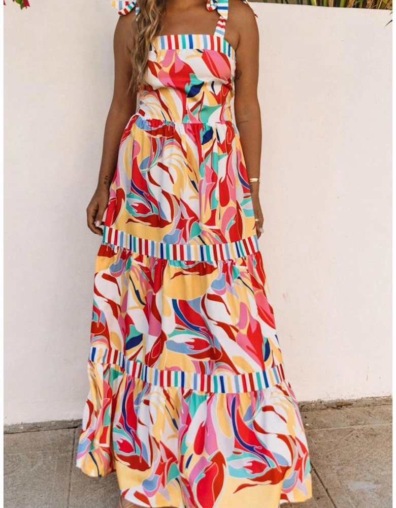 Multicolor Abstract Print Striped Trim Maxi Sundress