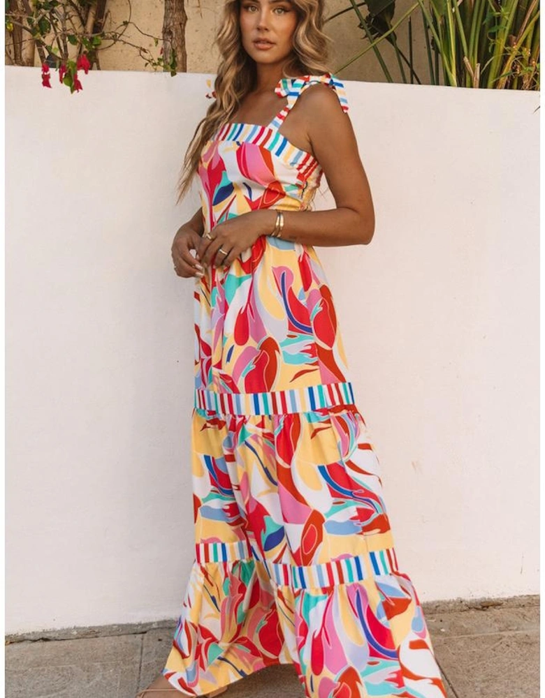Multicolor Abstract Print Striped Trim Maxi Sundress
