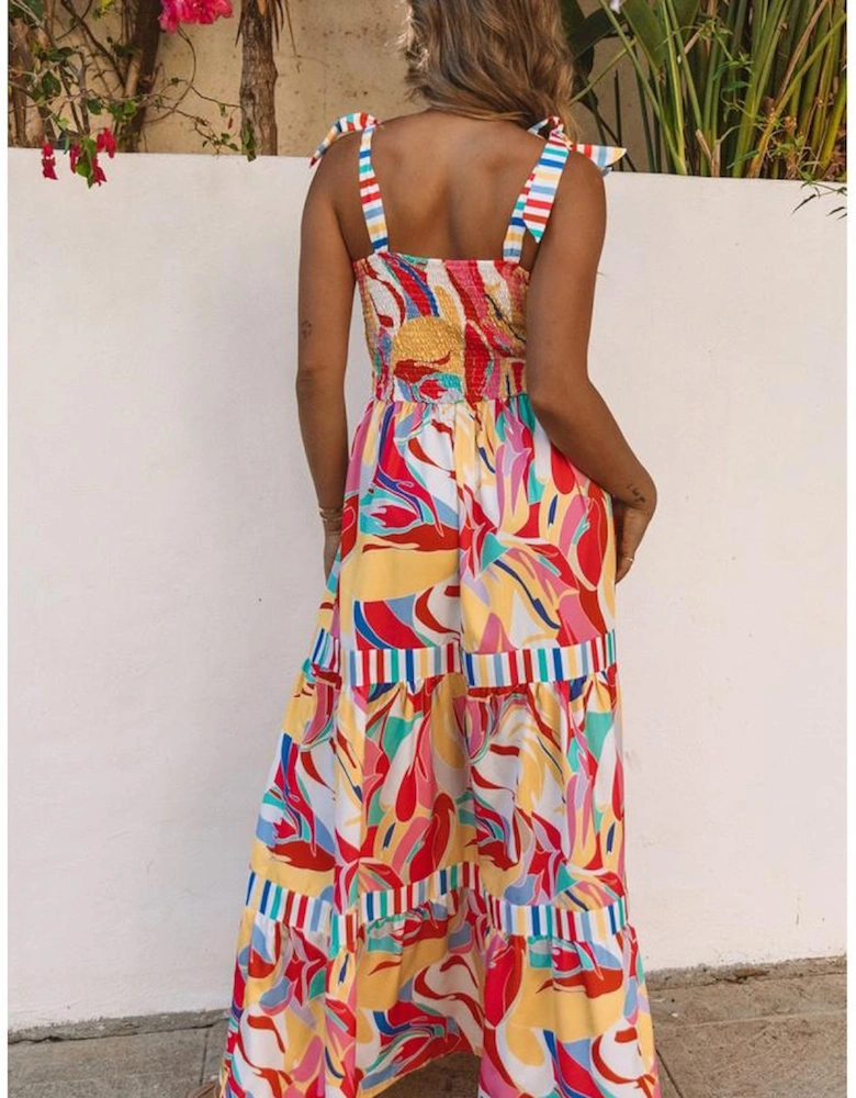Multicolor Abstract Print Striped Trim Maxi Sundress