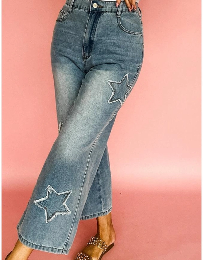 Stone Blue Star Patchwork Cropped Wide Leg High Waist Jeans
