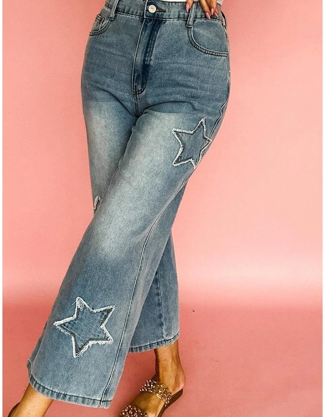 Stone Blue Star Patchwork Cropped Wide Leg High Waist Jeans