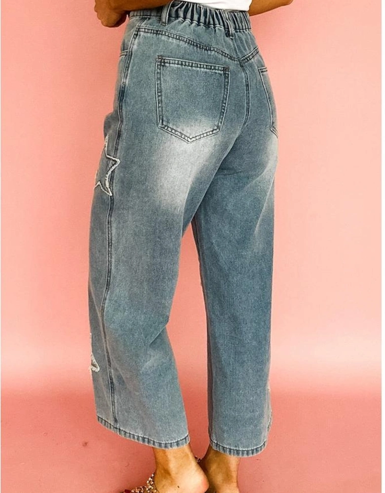 Stone Blue Star Patchwork Cropped Wide Leg High Waist Jeans