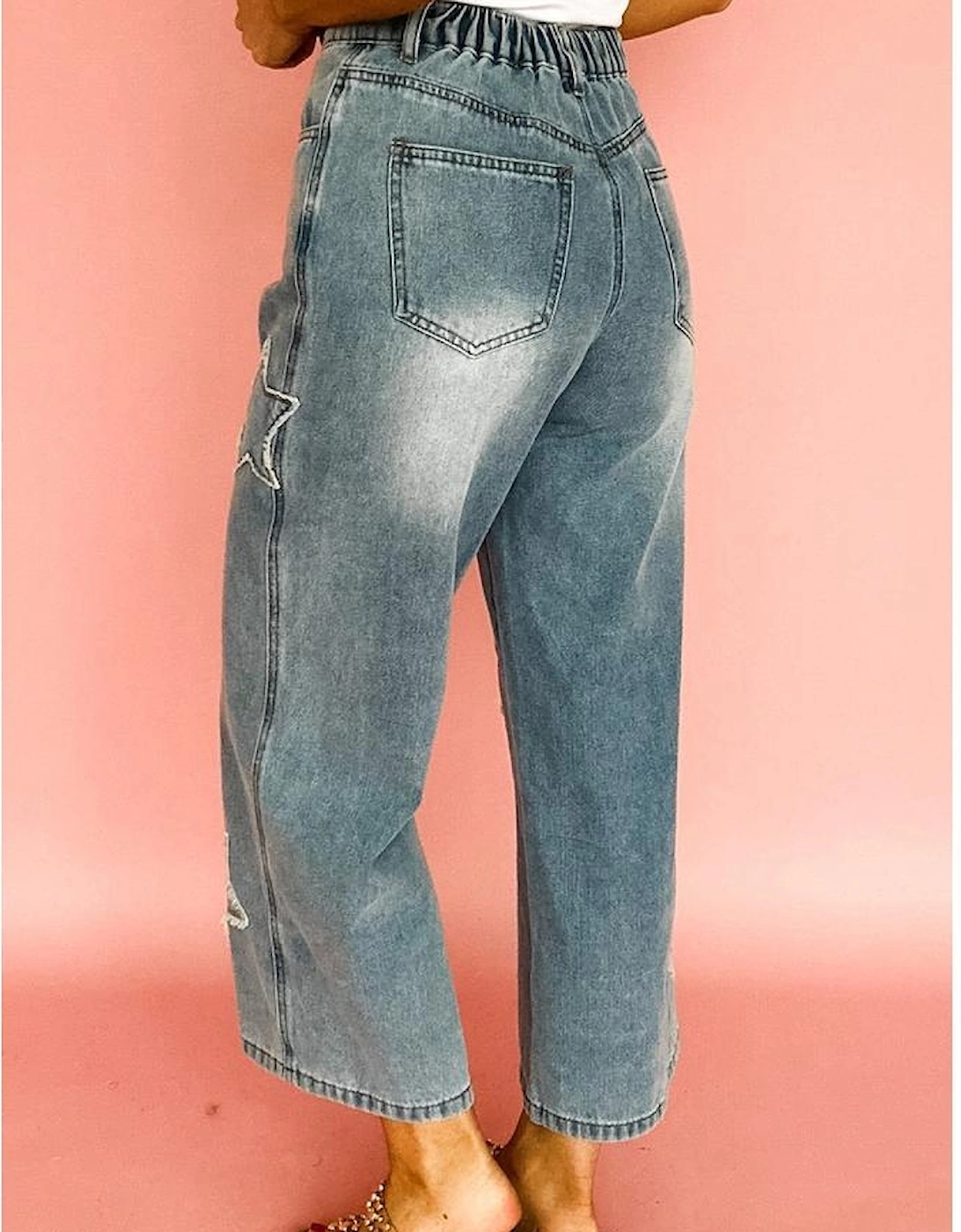 Stone Blue Star Patchwork Cropped Wide Leg High Waist Jeans, 6 of 5
