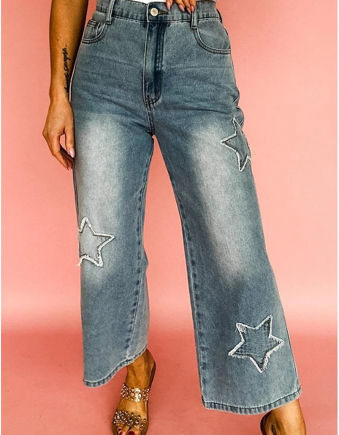 Stone Blue Star Patchwork Cropped Wide Leg High Waist Jeans