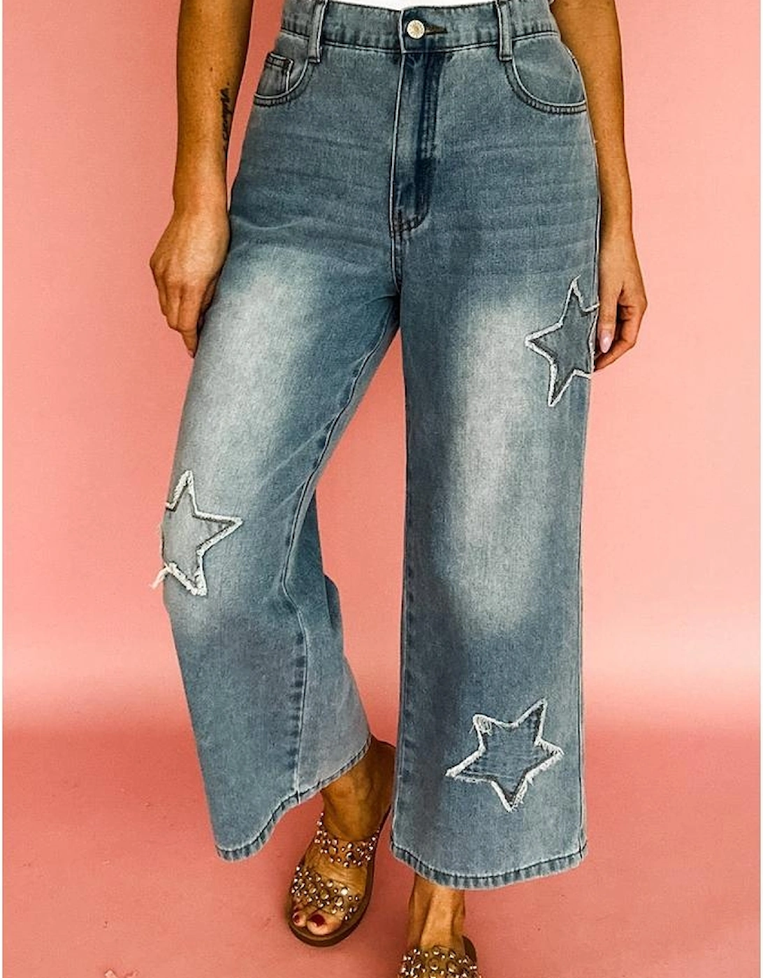 Stone Blue Star Patchwork Cropped Wide Leg High Waist Jeans
