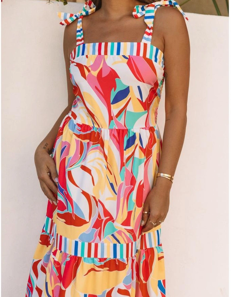 Multicolor Abstract Print Striped Trim Maxi Sundress