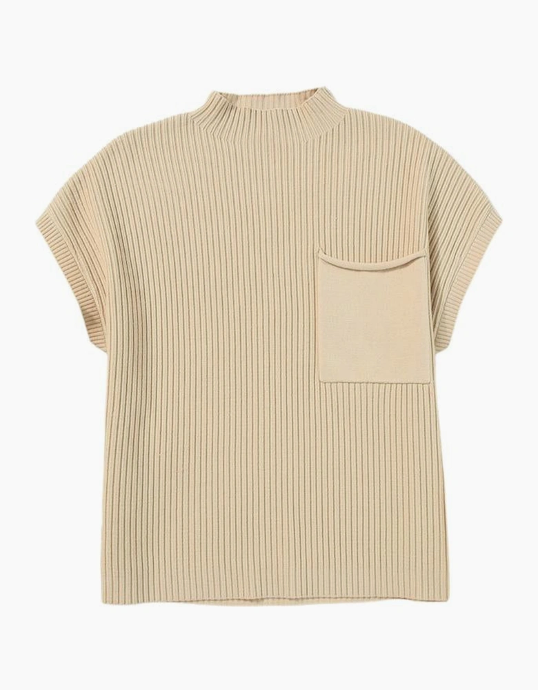 Oatmeal Patch Pocket Ribbed Knit Short Sleeve Sweater