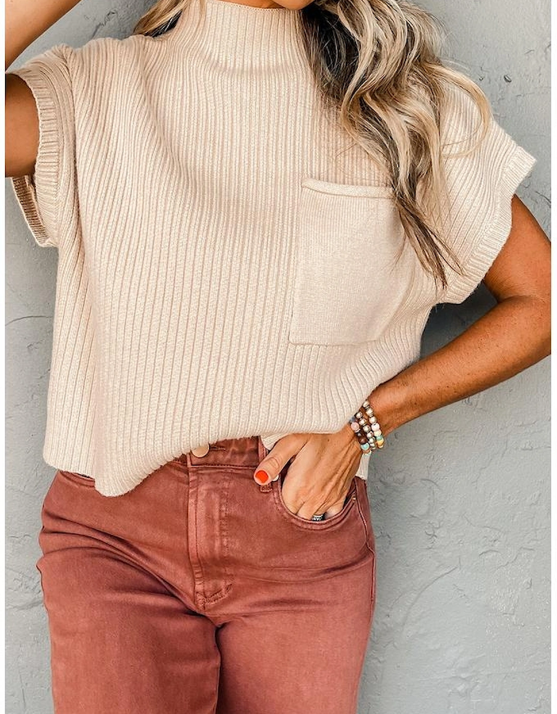 Oatmeal Patch Pocket Ribbed Knit Short Sleeve Sweater