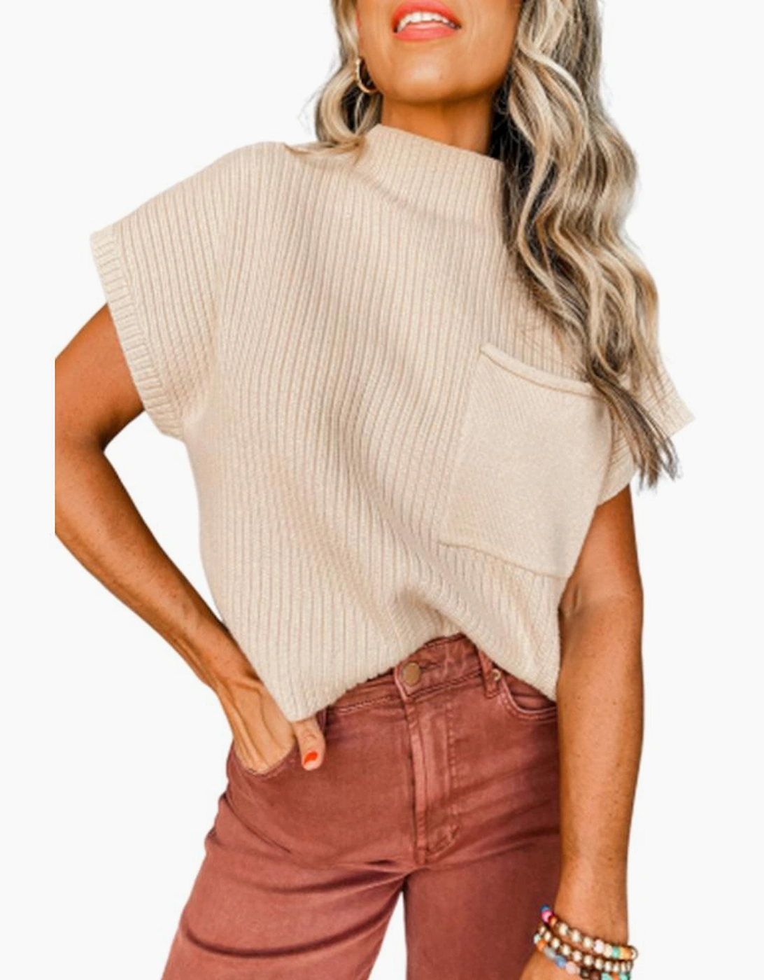 Oatmeal Patch Pocket Ribbed Knit Short Sleeve Sweater