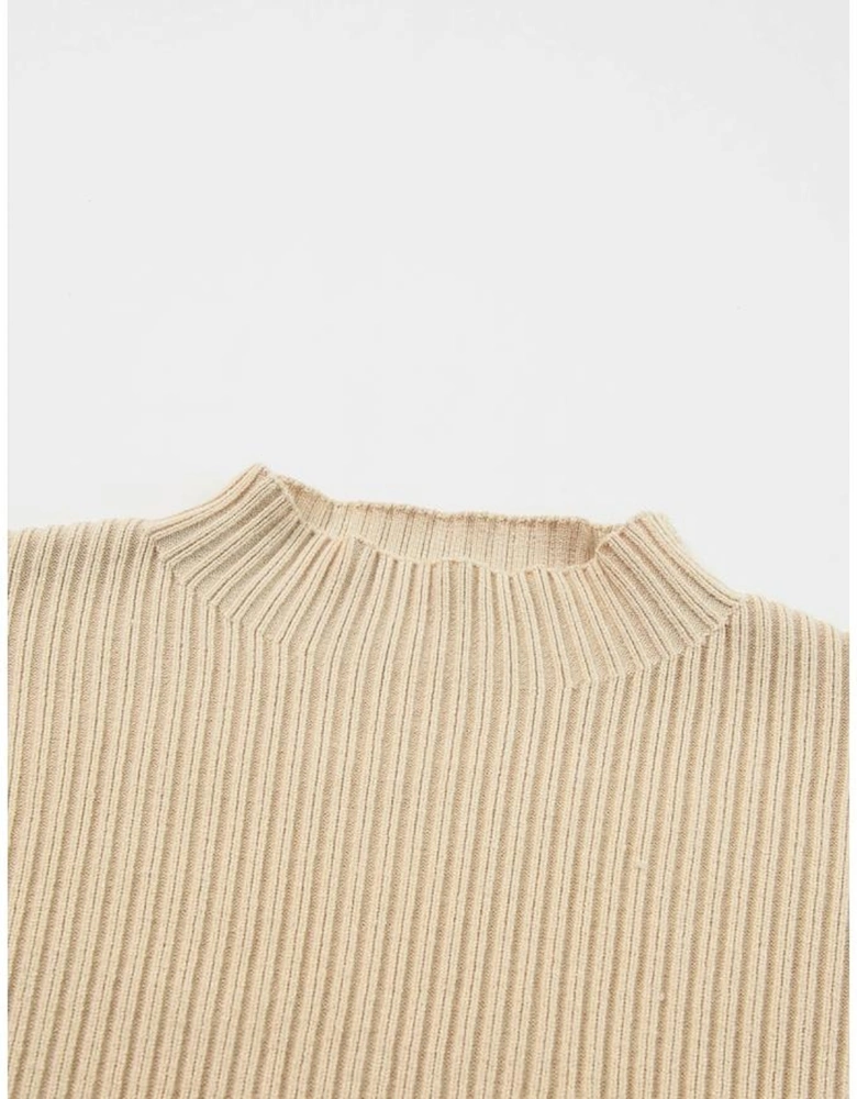 Oatmeal Patch Pocket Ribbed Knit Short Sleeve Sweater