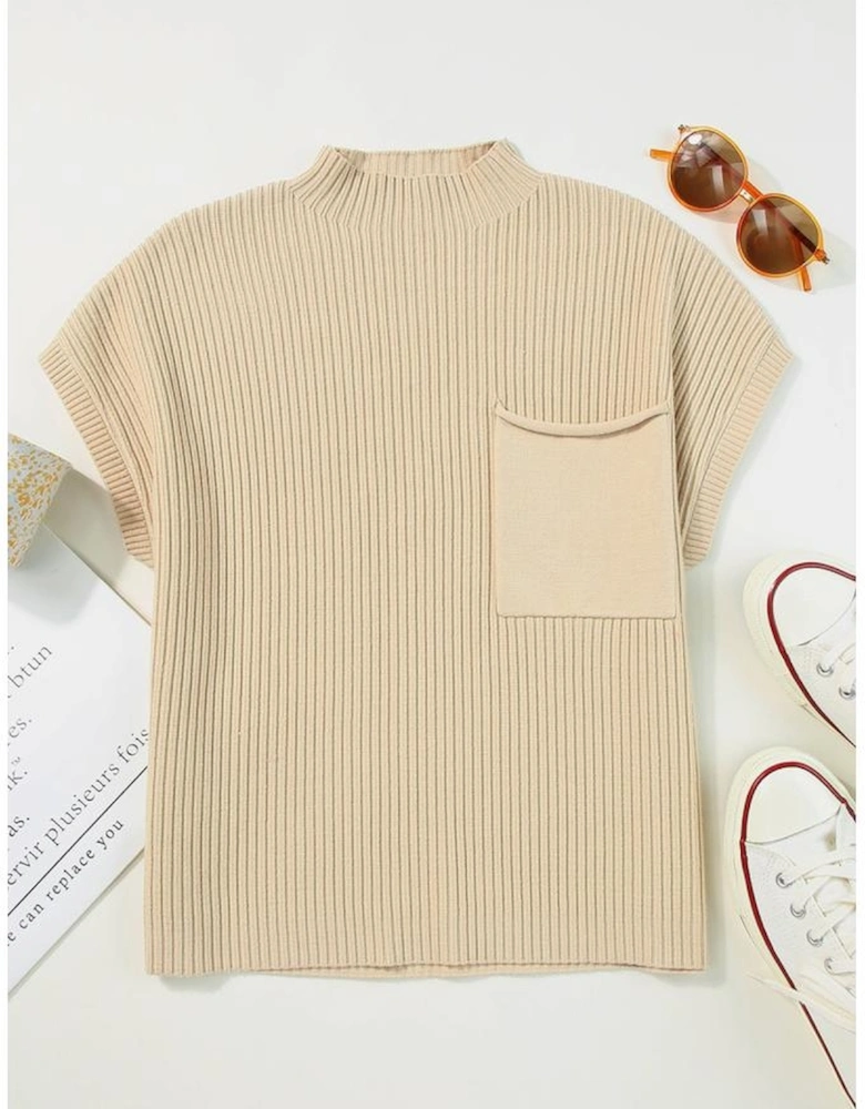 Oatmeal Patch Pocket Ribbed Knit Short Sleeve Sweater