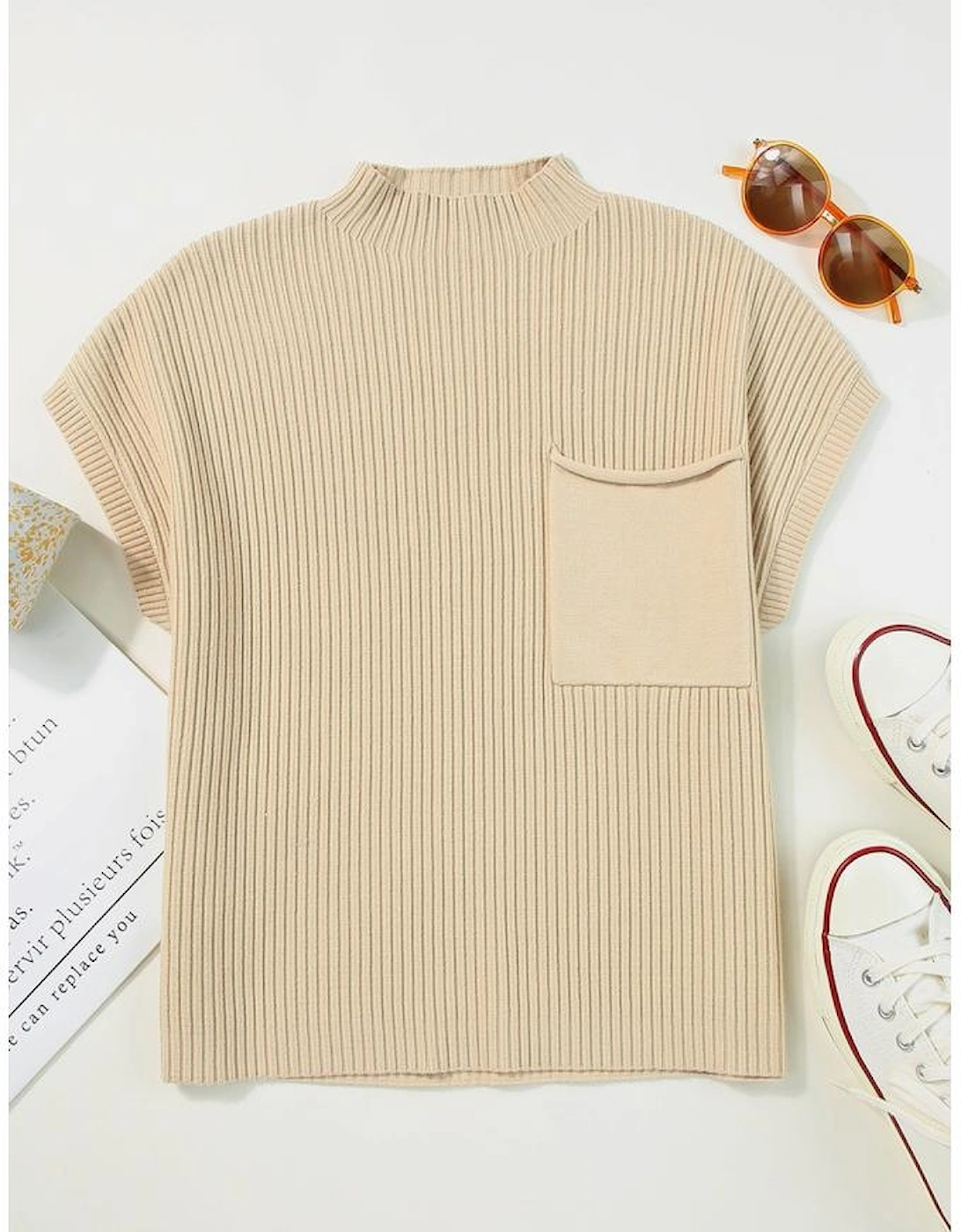 Oatmeal Patch Pocket Ribbed Knit Short Sleeve Sweater